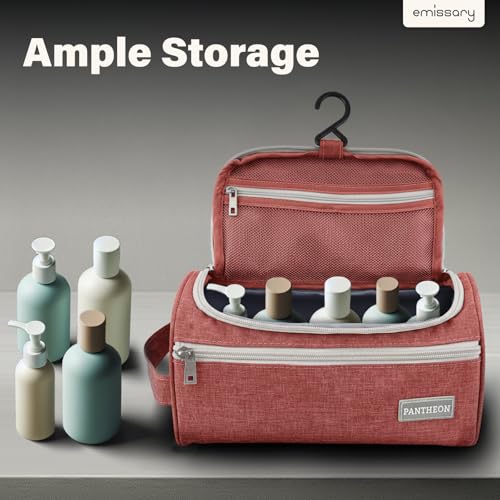 Pantheon Men's Toiletry Bag - Travel Toiletry Bag Wash Bag Hanging Dopp Kit Shaving Kit for Bathroom Shower - Mens Travel Bag Hanging Toiletry Organizer Toiletry Kit for Traveling (Brick Red) | Hanging hook, water-resistant lining, zip & mesh pockets; men