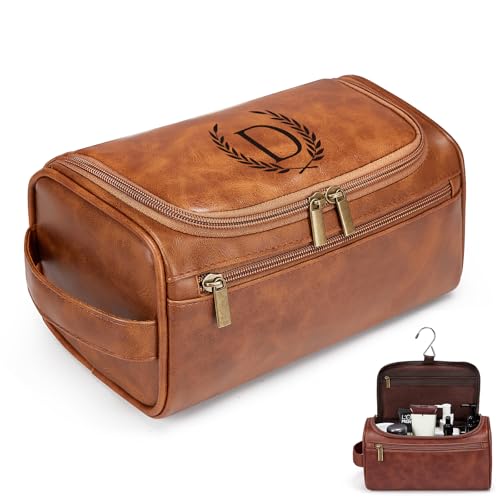 Travel Toiletry Bag Hanging For Mens PU Leather - Yellow Brown (Initial D) | Waterproof Dopp Kit Bag Beach Travel Essentials Bathroom Organizer, Personalized Gifts For Father Husband Groomsmen Birthday - color: Yellow Brown, style: D
