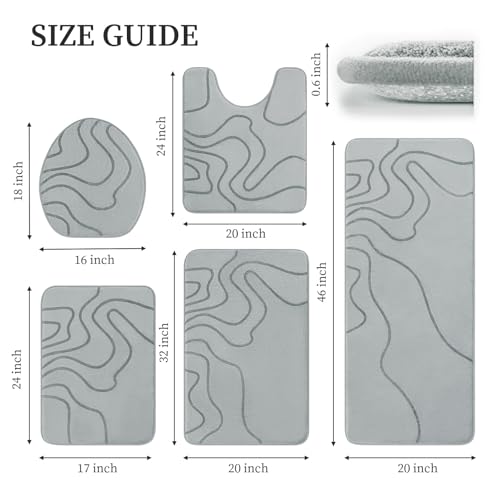 YIHOUSE Memory Foam Bathroom Rugs Sets 5 Piece - Extra Thick Ultra Soft Absorbent Bath Mat Set, Non-Slip Machine Washable Bath Rugs for Bathroom, Tub & Shower, Home Decor Accessories, Grey - color: Grey, size: 1'5" x 3'10" (5 pieces)