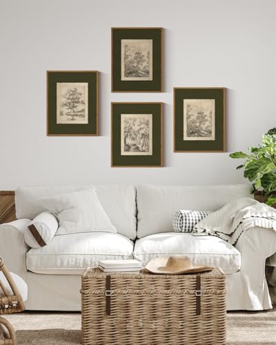 InSimSea 4 pcs Framed Wall Art, Vintage Sketch Tree Canvas Prints, Bathroom Kitchen Sage Green Nature Decor, Neutral Toned, Rustic Shelf Decor, Small Size,11x14in - color: green Sketch tree