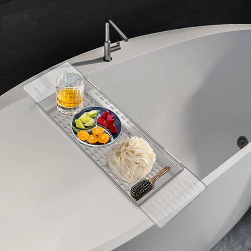 Bathtub Caddy Tray for Luxury Bathroom Bath Tub Table Tray Shelf for Shower Adjustable Expandable Bath Trays Gray