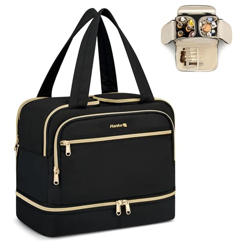 Hanke Travel Toiletry Bag, Lightweight Wide-open Large Toiletry Bags for Women, Dual-Layer Makeup Bag Water-Resistant Cosmetic Travel Bag with Handle for Accessories, Essentials, Black - color: Black