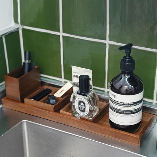 Wood Vanity Tray, 6-Piece Small Bathroom Counter Organizer Wooden Decorative Trays Rectangular Perfume Jewelry Makeup Cosmetic Holder Set - Holds Small Items - color: Wood