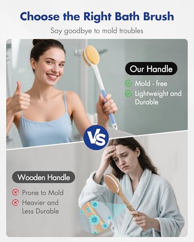 Back Scrubber Body Shower Brush: Anti Slip Long Handle Bath Brush with Stiff and Soft Bristles - Showering Exfoliator Wet or Dry Brushing for Women, Men, Elderly (Blue) - size: Long Handle 18.1 in-Blue
