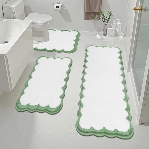 Pauwer Bathroom Rug Sets 3 Piece, Scalloped Bath Rugs, White and Green | Non Slip Washable Bath Mat With U-Shaped Toilet Rug, Extra Absorbent Quick Dry, For Floor Sink - color: White and Green
