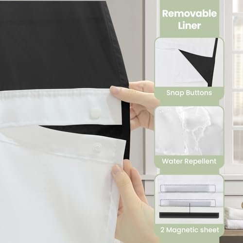 Inhousolu No Hook Shower Curtain with Snap-in Fabric Liner, Waffle Weave 230 GSM Polyester, Weighted Hem, Water Repellent Washable, Mesh Top Window 36" W x 72" L Black - color: Black, size: 36"W x 72"L (Pack of 1)