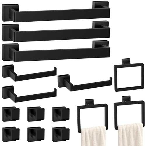 Bathroom Accessories Towel Bar Set: 15 Pieces Matte Black Bathroom Hardware Square SUS304 Stainless Steel - Wall Mounted Towel Rack&Toilet Paper Holder&Towel Ring and Towel Hook - color: Matte Black, size: 16inch 15 Pieces