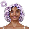 Floral Satin Bonnet with Scrunchie Set,Double Layer Ruffle Reusable Sleeping Shower Cap for Curly Hair Purple-rabbit - color: Purple-rabbit
