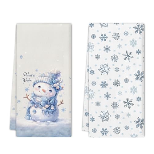 Winter Snowman Kitchen Towels Set - Set of 2, Cute Winter Snowman Kitchen Decor, Snowflake Wishes Hand Towels Dishcloth for Kitchen Bathroom Decorative, 16x24 Inch - color: Snowman1