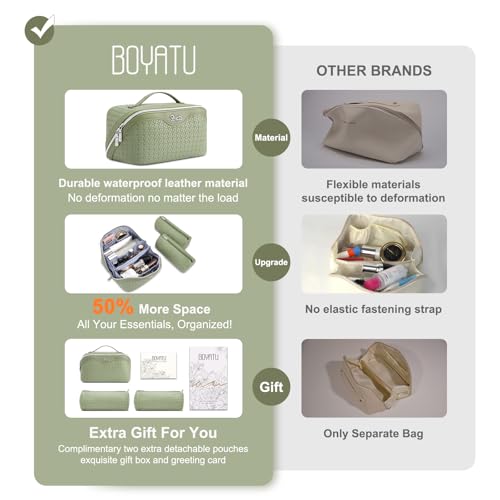 BOYATU Travel Makeup Bag Cosmetic Bags for Women: Large Capacity 3 Pcs Set Make up Bag with Compartments - Waterproof Vegan Leather Toiletry Organizer Bags with Handle (L51Grass Green) - color: L51Grass Green