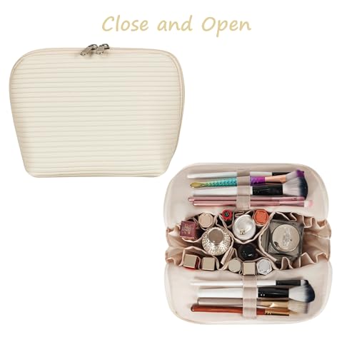 Travel Makeup Bag for Women, Waterproof Stand Up Cosmetic Bag with Brush Holders, Organizer Bag with Compartments, Fold-Down Design for Skincare, Toiletries & Essentials(White, Medium) - color: White, size: Medium