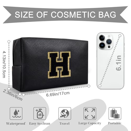 Personalized Initial A-Z Preppy Patch Makeup Bag,Small PU Chenille Letter Cosmetic Bag with Zipper for Teen Girls,Black Cute Toiletry Organizer Bag,Monogram Makeup Case Gift for Women Girls,Letter H - color: Black,Black-Letter, size: H