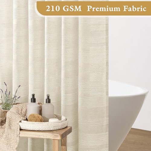 Boho Farmhouse Shower Curtain Set with Tassel, Linen Bohemian French Country Chic Bathroom Shower Curtain Set, Modern Striped Textured Shower Curtain 72x72 - Beige/Cream - color: Beige, size: 72"W x 72"L (Pack of 1)