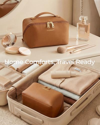 BAGSMART Makeup Bag Travel Cosmetic Bag, Large Make Up Bag Flat Open Toiletry Bag for Women, PU Leather Travel Essentials Organizer Case, Wide-open Pouch Purse for Skincare, Brushes, Classic Brown - color: 01- Classic Brown
