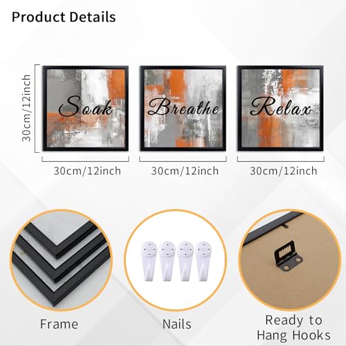Derkymo 3 Pieces Bathroom Picture Wall Decor Breathe Relax Soak Sign Wall Art Framed Ready to Hang 12"x12"x3pcs