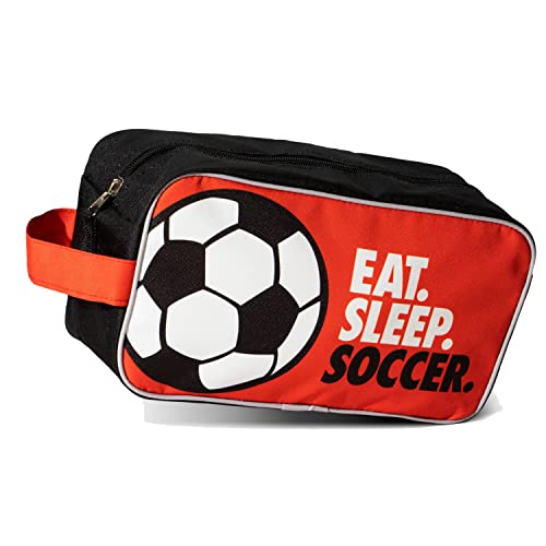 ChalkTalkSPORTS Soccer Toiletry Bag - Eat Sleep Soccer - Red & Black | Polyester, Center Zipper, Side Handle, 11 x 6 x 5 Inches, Sports Camp Bag, Pencil Case, Dopp Kit, Soccer Gift - color: Eat Sleep Soccer