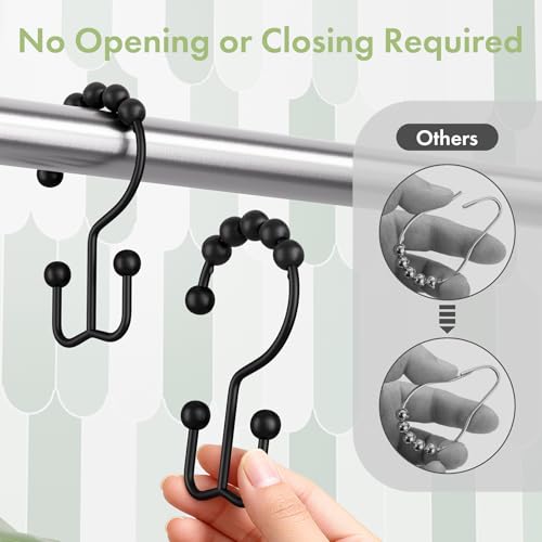 Amazer Shower Curtain Rings, Rust-Resistant Metal Double Shower Hooks for Curtain Rolling Shower Curtain Hooks Rings Shower Rings for Bathroom Shower Curtain Rod, Matte Black, Set of 12 Rings - color: Black, style: Modern - Double Hooks