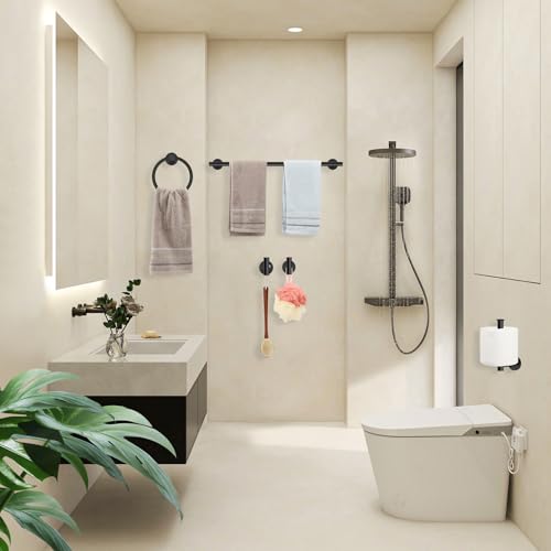 Matte Black Bathroom Hardware Set, Modern 24-Inch Towel Bar Set Wall Mounted, Towel Rack Set Black,Stainless Steel Bathroom Accessories Set Black,5-Pieces - color: Matte Black