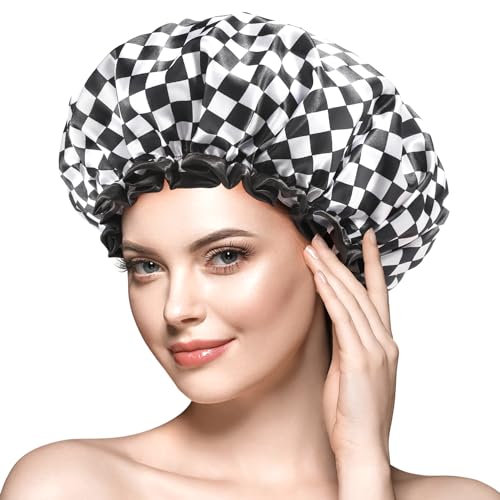 mikimini Large Shower Cap for Women Long Hair, 2 Pack,Elegant Chessboard Design,Double-layer Waterproof, Reusable, Washable, No Odor, X-Large - size: X-Large (Pack of 2)