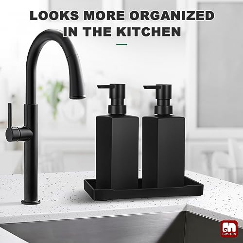 GMISUN Kitchen Soap Dispenser Set, Hand and Dish Soap Dispensers, 12 fl oz/350 ml Black Soap Dispenser with Tray, Glass Dish Dispenser for Kitchen, Liquid Hand Soap and Lotion Bottle Set for Bathroom - color: Black Bottle+black Pump+black Tray