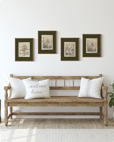 InSimSea 4 pcs Framed Wall Art, Vintage Sketch Tree Canvas Prints, Bathroom Kitchen Sage Green Nature Decor, Neutral Toned, Rustic Shelf Decor, Small Size,11x14in - color: green Sketch tree