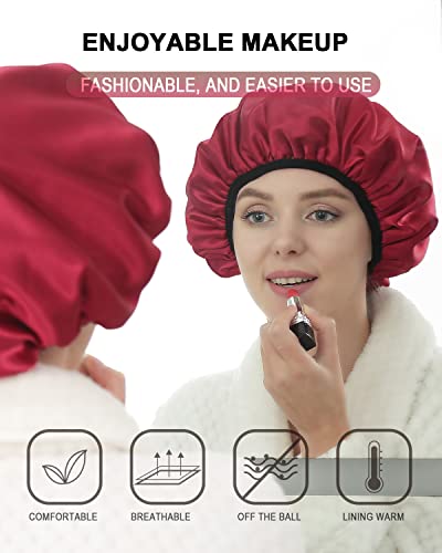 YIZIJIZI Triple Layer Reusable Waterproof Shower Cap for Women Large Terry Lined Hair Cap for Long Thick Hair Travel Bath Care Red - color: Red