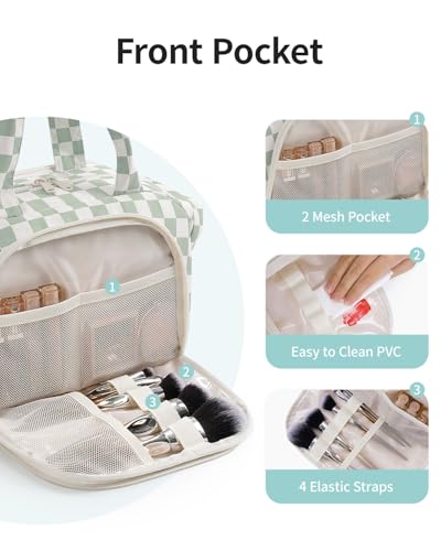 Narwey Travel Toiletry Bag for Women, Checkered Large Makeup Bag, Wide Open Cosmetic Make Up Organizer with Handle, Wet Pocket for Towel, Travel Bag for Toiletries, Brushes, Essentials (Green Checker) - color: Mint Green Checkerboard