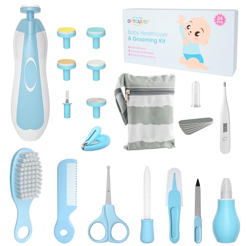 Baby Healthcare and Grooming Kit, 24 in 1 Baby Electric Nail Trimmer Set Newborn Nursery Health Care Set for Newborn Infant Toddlers Baby Boys Girls Kids Haircut Tools (0-3 Years+) (Blue) - color: Blue