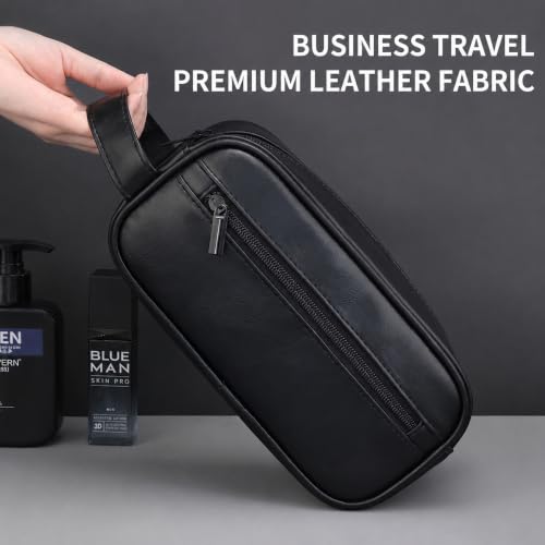 Men's Toiletry Bag, Vintage PU Leather Travel Shaving Case, 9.1" Lightweight Toiletries Organizer Pouch, Premium Grooming Gift for Husband Dad, Khaki (Black) - color: Black