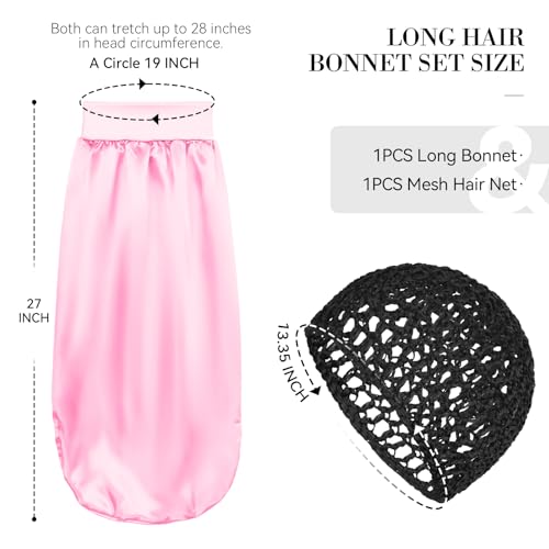 Braid Bonnet-Mesh Hair Nets for Sleeping Set Long Hair Bonnet Satin Reusable Elastic Mesh Wrap Cap for Curly, Braids Hair Anti Frizz 2 Piece Set(black net, pink bonnet) - color: Black Net, Pink Bonnet