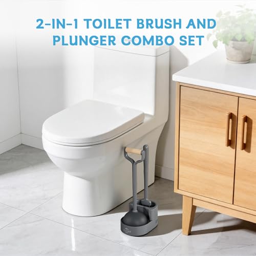 Sellemer Toilet Brush and Plunger Set, Curved Head for Deep Cleaning, Grey | Brush and Plunger set, Curved Nylon Bristles for Deep Clean, Strong Suction Plunger, Ventilated Holder for Quickly Air Dry - color: Gray