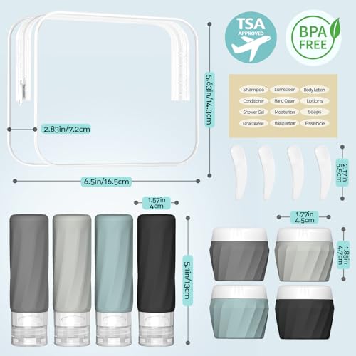 Silevoler 14pack Travel Bottles for Toiletries, TSA Approved Travel Size Toiletries Containers Set, Premium Silicone Leak Proof Refillable Squeezable & Creams jars Accessories Kit W/Clear Bag (Gray) - color: Gray