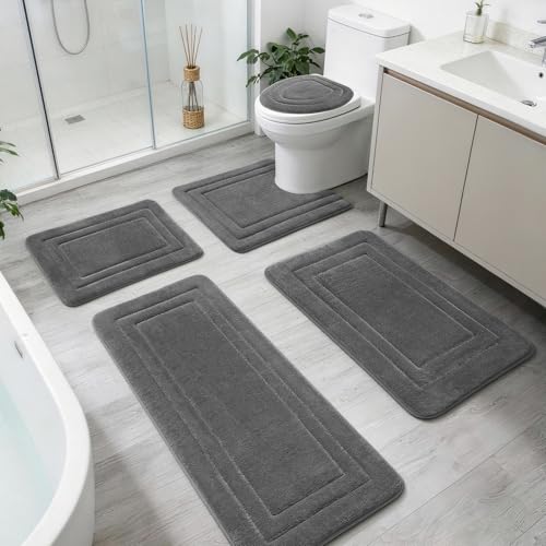 YIHOUSE Bathroom Rugs Sets 5 Piece, Towel-Like Soft Absorbent Thick High Density Memory Foam Bath Mat Set, Non-Slip Machine Washable Bath Rugs for Bathroom, Tub & Shower, Dark Grey - color: Dark Grey, size: 1'8" x 3'10" (5 pieces)