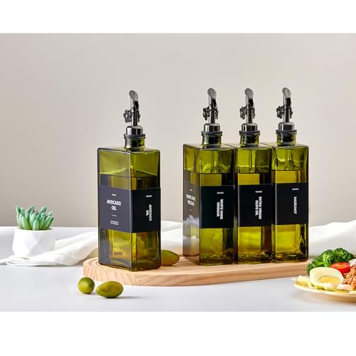 Olive Oil Dispenser Bottle for Kitchen, 16.9oz /500ml Cooking Vinegar Dispenser Bottle Set, Glass Sauce Container, Labels, Brush, Funnel, Stoppers, Green for Oil, Wine - color: Black, 4 Pack