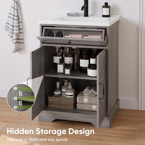 Smart FENDEE 23.62" Bathroom Vanity with Ceramic Sink, Farmhouse Bathroom Vanity Cabinet with Barn Door & Drawer, Freestanding Floor Storage Cupboard with Sink Combo Set, Washed Grey - color: Washed Grey