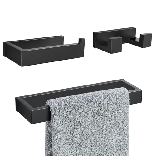 3 Pieces Matte Black Bathroom Hardware Accessories Set,SUS304 Stainless Steel Towel Holder Set Towel Holder Robe Hook Toilet Paper Holder Wall Mounted - color: Matte Black