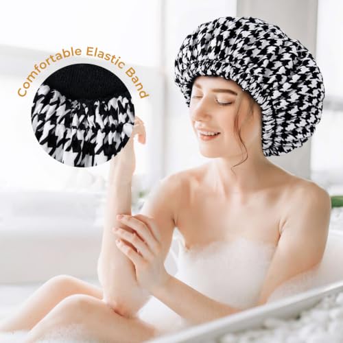 Shower Cap for Women Terry Lined Bath Cap Large Reusable Waterproof Elastic Black Houndstooth Shower Caps for Long Thick Hair Soft Bath Shower Hair Caps - color: Black Houndstooth