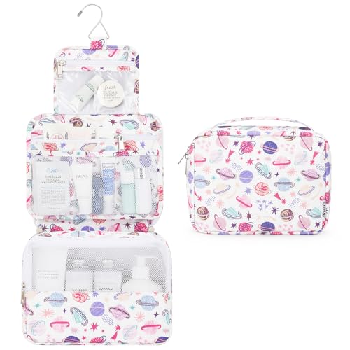 Mossio Hanging Toiletry Bag with Sturdy Hook - Large Portable Cosmetic Makeup Travel Organizer for Men & Women - color: Colorful Planet