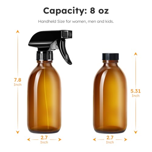Tecohouse Glass Spray Bottles 8oz, Amber Hair Spray Bottles, 2 Pack Empty Refillable Sprayer Container with Labels, Funnel, Lids, Graduated Pipettes - Handheld Size - color: Amber