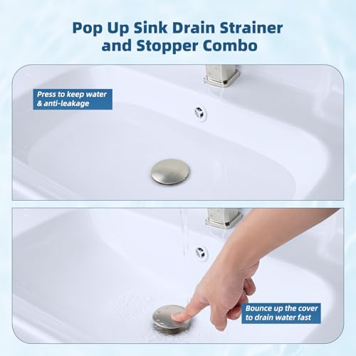 Hibbent Upgraded 3 in 1 Bathroom Sink Drain Strainer, Pop Up Sink Stopper with Big Push Cap, Anti-Clogging Metal Filter Basket,Sink Plug with Hair Catcher for 1.1''~2.36'' Basin, Brushed Nickel - color: Brushed Nickel