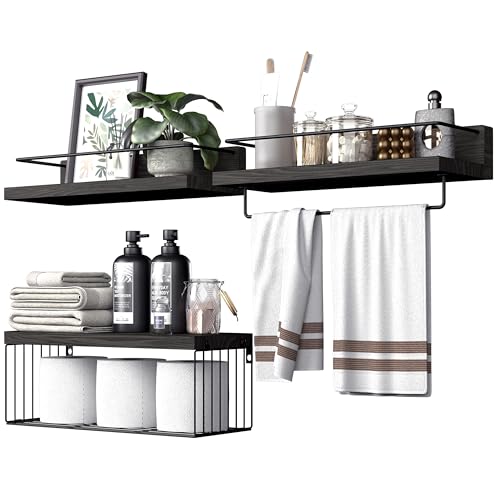 PopiShelves Bathroom Shelves Over Toilet for Wall, Floating Shelves with Storage Basket Paper Holer for Kitchen Living Room, Bedroom & Classroom, Set of 3 (Black) - color: Black, size: 15.7"
