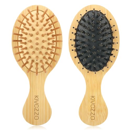 Mini Bamboo Hair Brush 2-Pack, Boar Bristle & Single Pins Massage Detangler, Small Travel Size for Thick/Curly Hair, Anti-Static Pocket Brush for Women Men Kids Gift