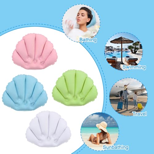 PATIKIL Inflatable Bath Pillow with Suction Cups, 3 Pack Terry Cloth Covered Shell Shape Bath Pillow Neck Support for Bathtub Hot Tub (Pink, Blue, White) - color: Pink, Blue, White