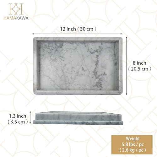 Italian Real Natural Marble Bathroom Vanity Tray 12 inch, Carrara White Stone Jewelry Tray, Rectangle Perfume Trays, Large Tank Trays, Cosmetic Organizer - color: Carrara White Rect Tiered 12-in