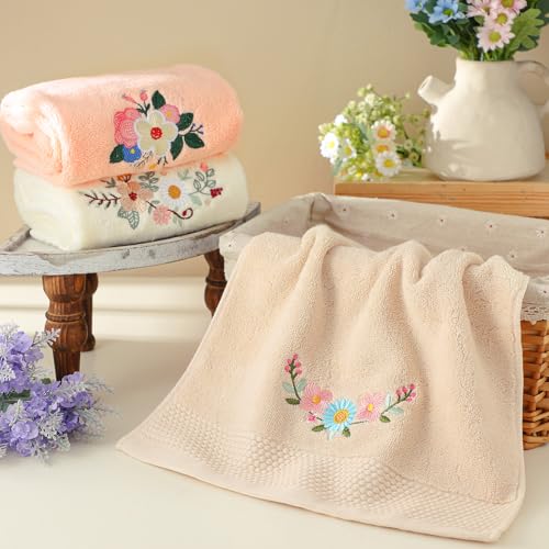 Tingjoo 3 Pcs Spring Fancy Flowers Hand Towels Boho Soft Embroidered Modern Pink White Floral Bath Towels Washable 14x29 Inch Farmhouse Decorative Spring Summer Cotton Cute Decor for Bathroom Kitchen - color: Brown Yellow Pink, style: Bohemian