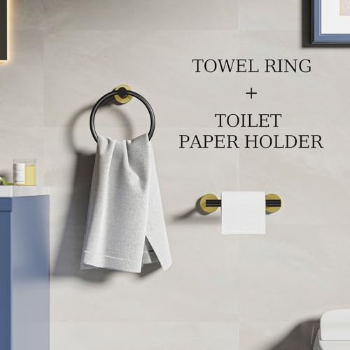 Black and Gold Toilet Paper Holder & Towel Holder, Bathroom Hardware Set-SUS304 Stainless Steel Double Post Pivoting Tissue Roll Holder and Hand Towel Ring Set for Bathroom, RV - color: Black Gold