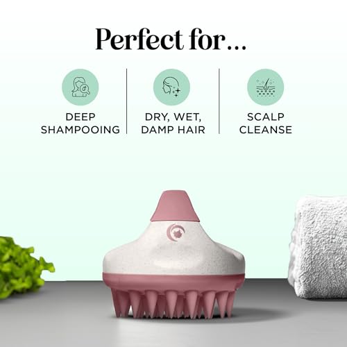 Hair Shampoo Brush and Scalp Exfoliator - Soft Silicone Scalp Massager Hair Growth Stimulator for Wet or Dry Hair - In Shower Scalp Scrubber for Dandruff Removal Made with Recycled Wheat Straw - Pink - color: Pink
