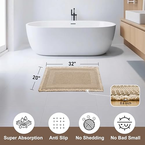 JIUZHEN Waffle Bath Mat Super Absorbent Bath Mat Non Slip Boho Bath Rugs for Bathroom Floor Machine Washable Quick Drying Bathroom Rugs with Tassels, 20" x 32", Loop-Brown - color: Loop-brown, size: 1'8" x 2'8" (Rectangular)