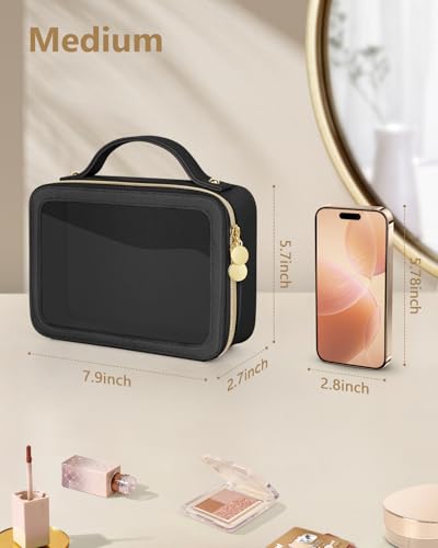 Soimeat Clear Makeup Bag, Portable Travel Cosmetic Bags, Multipurpose Leather Toiletry Bag with Zipper, Waterproof Transparent Cosmetic Organizer for Women, Medium, Black - color: Black, size: Medium