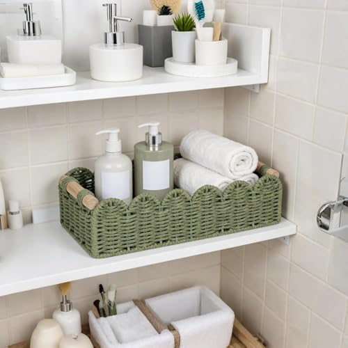 CubesLand Bathroom Basket Organizer, Toilet Tank Paper Storage Baskets 2-Pack, Scalloped Decorative Basket for Countertop w/Handle, Wicker Basket for Bathroom Decor, Home Decor, Living Room, Green - color: Green